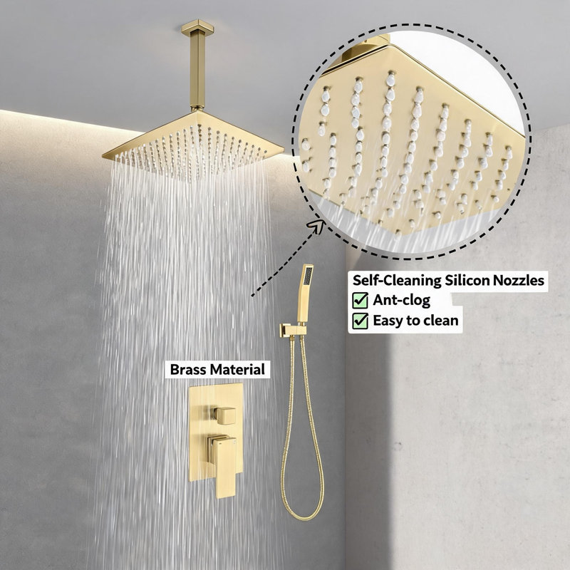 10 inch Gold Brass Ceiling Mounted Shower System Combo Set with Handheld Shower Head