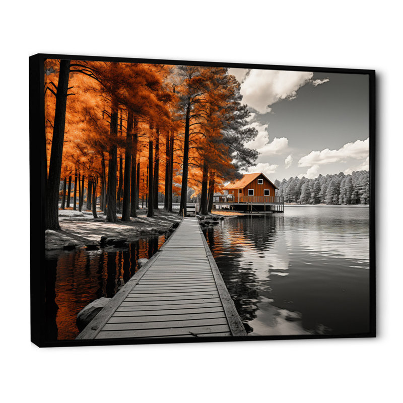 Orange Lake Orange Lakeside Whispers - Lake House Cottage Wall Art Prints, Cadre flottant noir, H 34 po x l 44 po x P 1,5 po