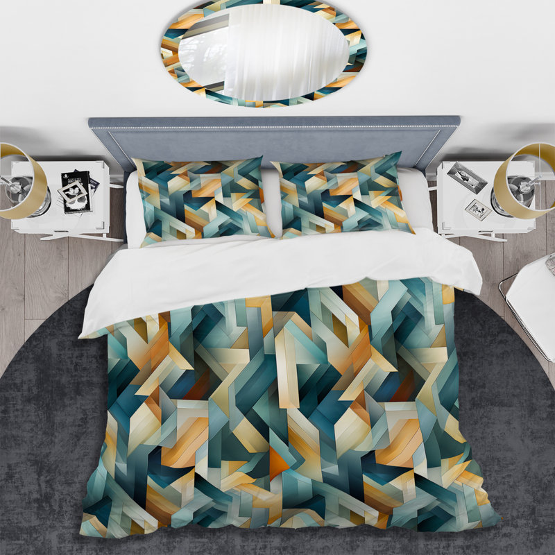 Natural Tones Grey And Beige Mosaic Geometric Shapes Duvet Cover, King Duvet Cover + 2 King Shams, Geometric Shapes 10