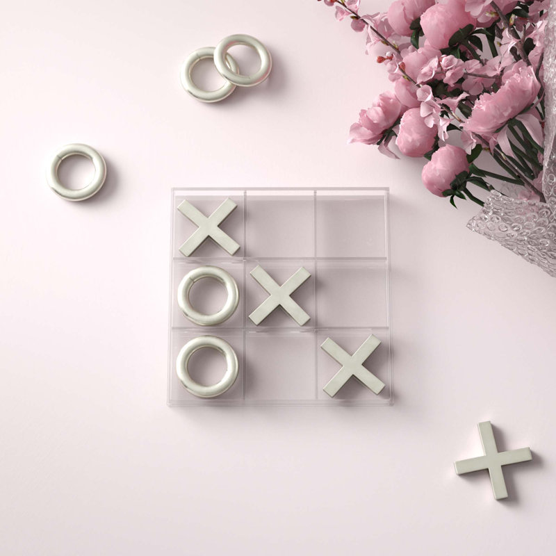 Lounsbury Acrylic Plastic Tic Tac Toe Decor Clear Game Set with Pieces, Silver