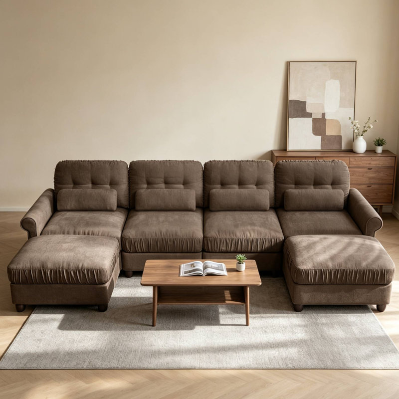Canapé d'angle modulaire en forme de U de 126,7 pouces avec 2 poufs, Chenille brun