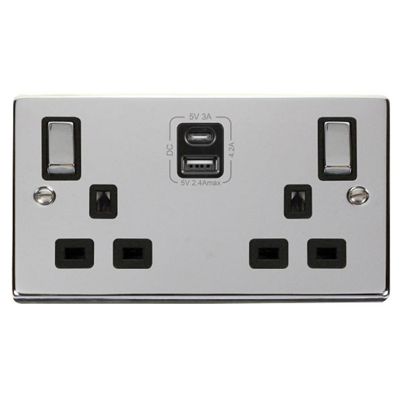 Polished Chrome 2 Gang 13A DP Ingot Type A & C USB Twin Double Switched Plug Socket