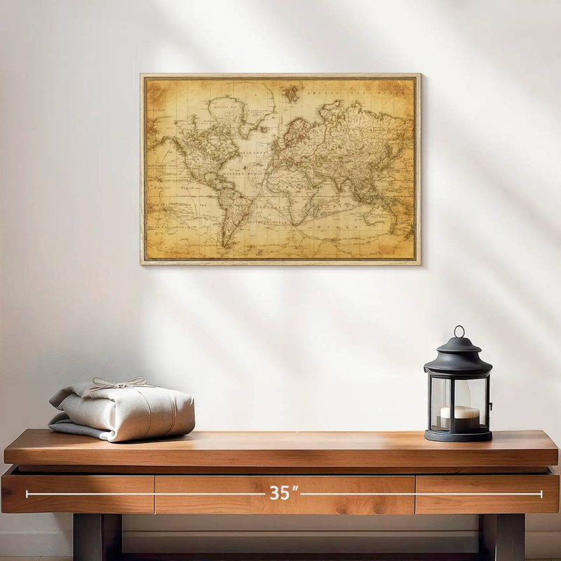 Carte du monde de l'Ancien siècle, 19 po x 13 po, Cadre flottant en bois naturel