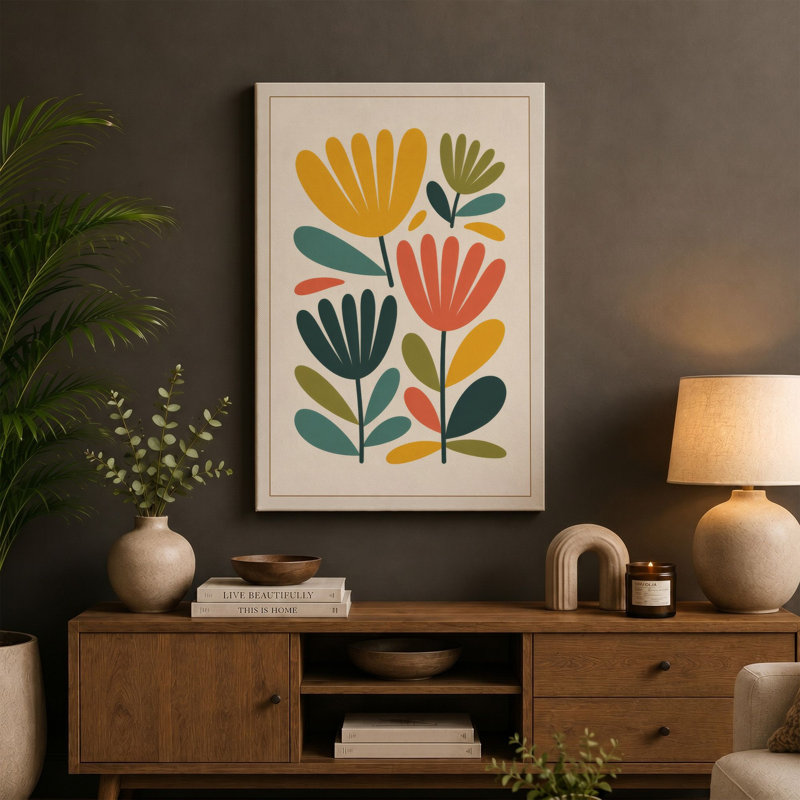 Golden Blooms Mid-Century - Wrapped Canvas, 18x12 - 45.7 x 30.5 cm, White Border