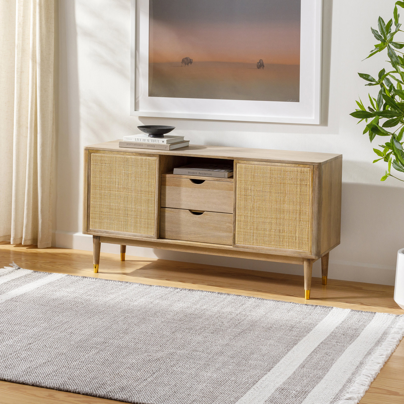 Bretson Hand-Woven Taupe Striped Rug, Rectangle 12' x 15'