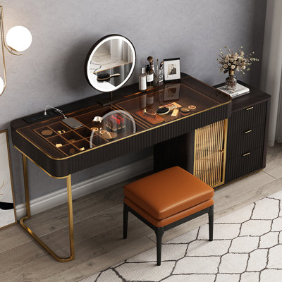 High Quality Makeup Vanity with Stool, Very Easy to Assemble, Glass top, with power outlet, extra-large storage space,Expandable Auxiliary Cabinet