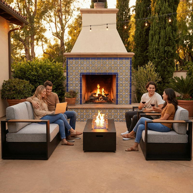  Outdoor Oversized Aluminum 4-piece Conversation Set With Firepit Table And 6-inch Cushion, Light Gray