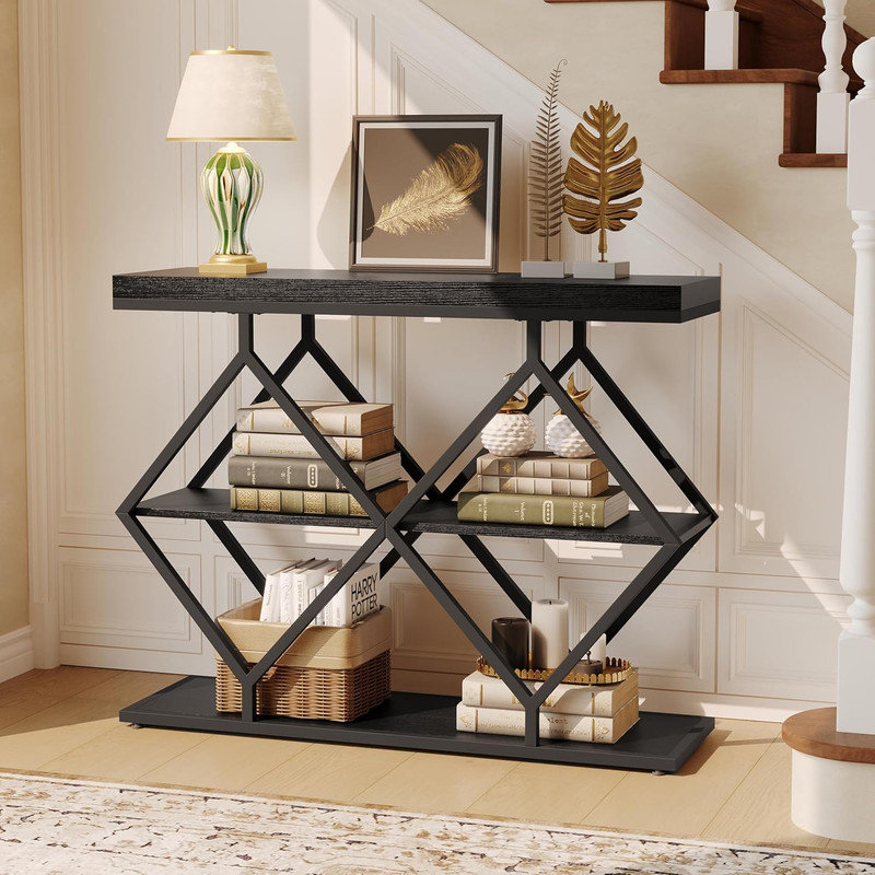 Modern 3-Tier Narrow Console Table with Gold Metal Legs for Entryway, Living Room & Hallway, Black
