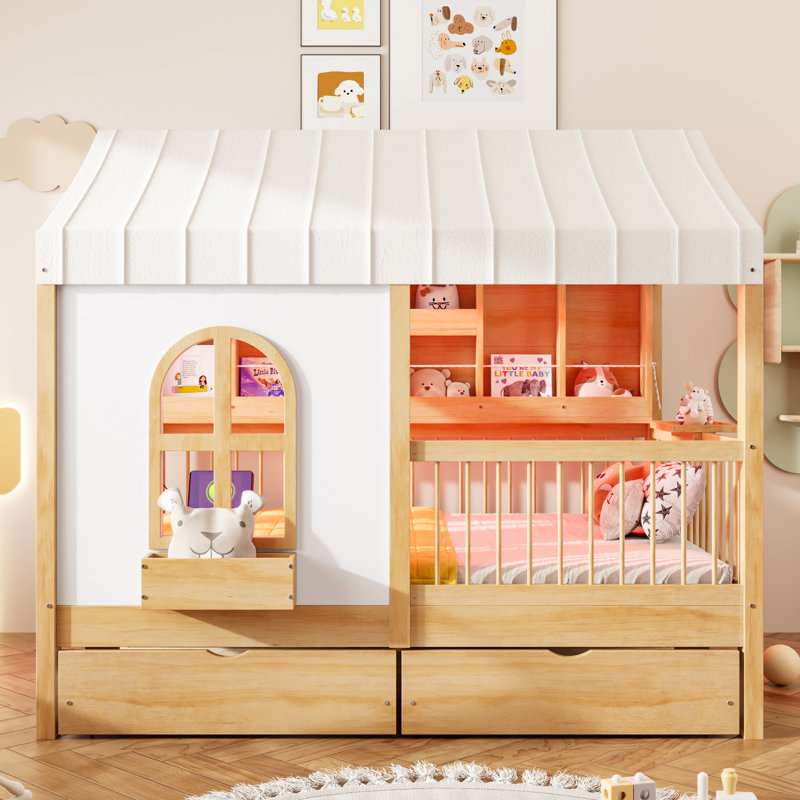 Full Size Kids House Bed with 2 Large Storage Drawers, Side Bookshelf & LED Lights, Natural, Natural