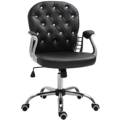 PU Leather Home Office Chair, Button Tufted Desk Chair With Padded Armrests, Adjustable Height And Swivel Wheels, Black