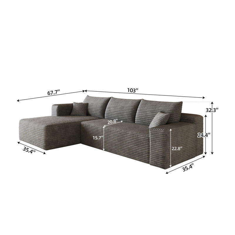 Canapé modulaire en forme de L de 103 po en velours côtelé pelucheux, aucun assemblage requis, Grey Corduroy