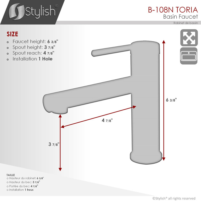Robinet de salle de bain central élégant à une poignée 6 3/8 po Toria, Noir mat