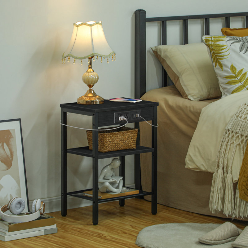 Romar 21.7'' Tall End Table with Built-In Outlets, Black/Black