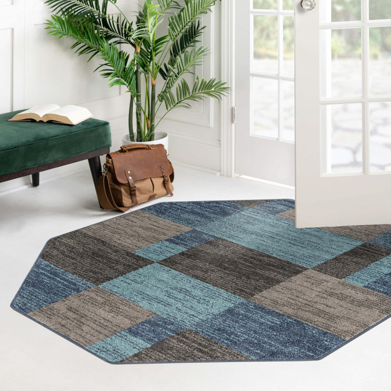 Tapis bleu contemporain Contemporary Harvest, Octogone 5 pi 3 po