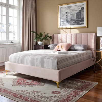 Oleander Light Pink Velvet Fabric Queen Platform Bed with Gold-Tone Legs, 43.6'' H X 65.73'' W X 87.5'' L