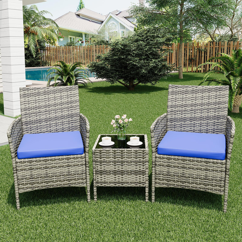 3-Piece Wicker Patio Bistro Set - Outdoor Rattan Conversation Furniture with Tempered Glass Coffee Table & 2 Upholstered Chairs, for Backyard, Garden (Gray Gradient Rattan & Peacock Blue Cushion)