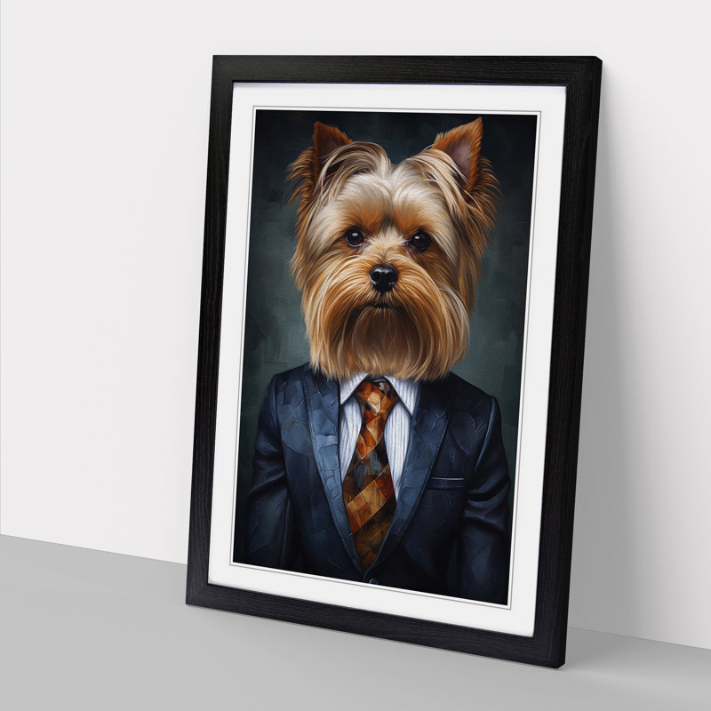 Yorkshire Terrier In A Suit Painting No.2 - Single Picture Frame Print on Wood, 34cm H x 25cm W x 2cm D, Black