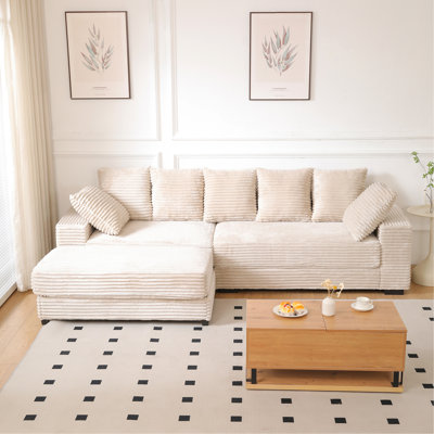 Canapé modulaire 108,6 po, canapé modulaire en velours côtelé épais pour le salon, canapé modulaire confortable en L avec repose-pieds avec rangement, huit coussins décoratifs, beige