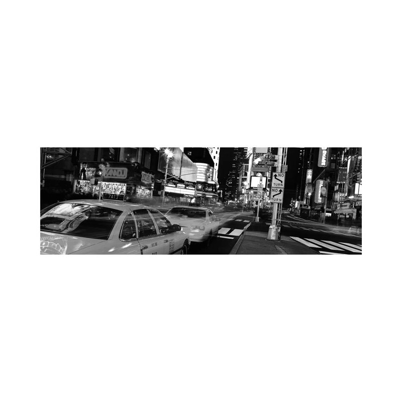 New York Panoramic Skyline Cityscape (Black & White - Times Square at Night) 1 Piece Wrapped Canvas Panoramic Wall Art