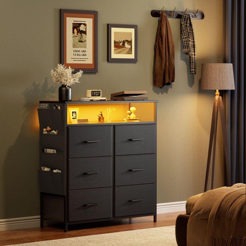 Dresser For Bedroom With 6 Drawers, Fabric Chest Of Drawers With Open Shelves & Side Storage Bags, Dresser TV Stand With LED Lights For Living Room, Closet, Entryway, Black