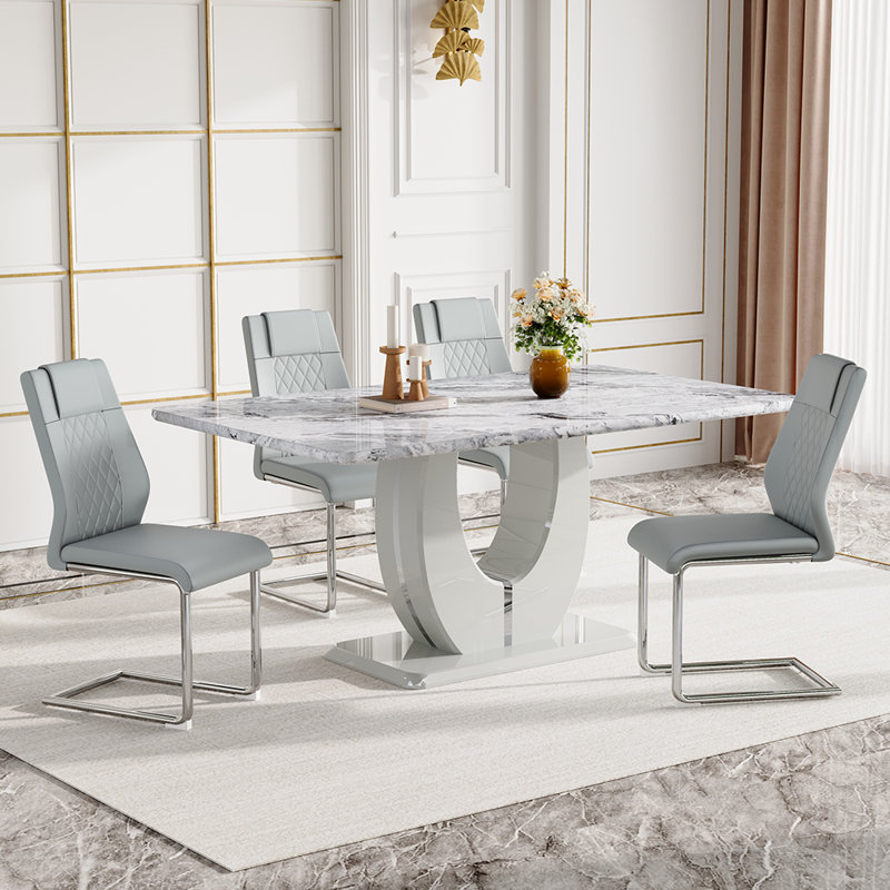  63'' Wooden Dining Table Set, Rectangle Gray Dining Table Set for 4/6 with Leather Chairs, 5, Light Gray