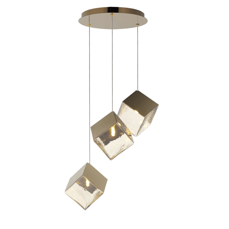 Luminaire suspendu grappe 3 lumières Ice Cube, Or français, Or transparent