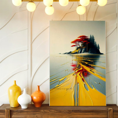 Abstrait, paysage d'îles rouges, arbres dorés, impression d'art moderne sur toile, abstrait, nature moderne, décor doré, accent rouge, décoration intérieure pour le salon, bureau de chambre à coucher