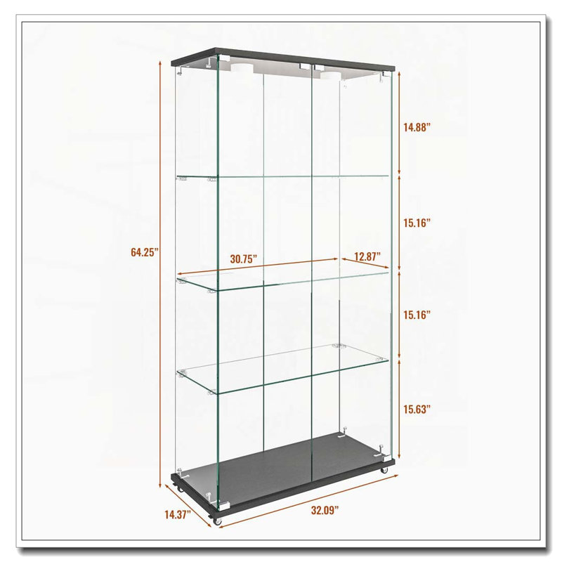 Vitrine moderne en verre avec lumières DEL et roulettes, Transparent