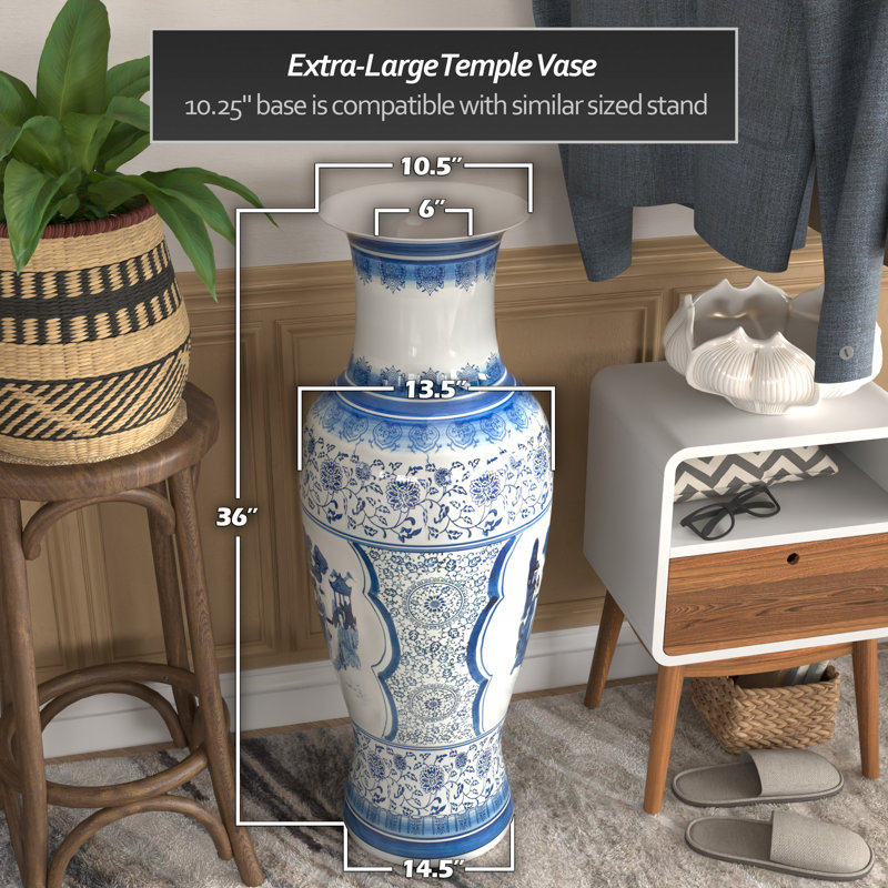 36" Floral Blue & White Porcelain Tung Chi Vase, Blue Courtyard