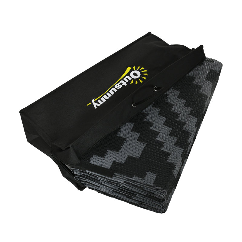 Reversible Outdoor Rug,Waterproof Plastic Straw Floor Mat, Portable RV Camping Carpet with Carry Bag, Large Floor Mat for Backyard, Deck, Picnic, Beach, Black & Gray Geometric