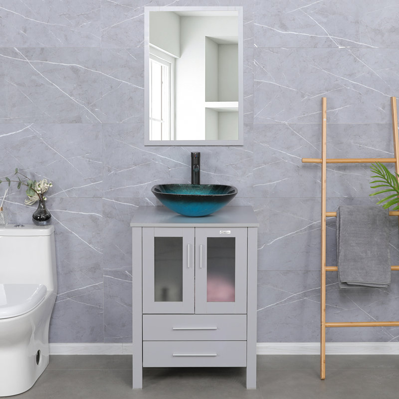 Olancha 24'' Single Bathroom Vanity Set with Vessel Sink, Faucet, Drain, Gray