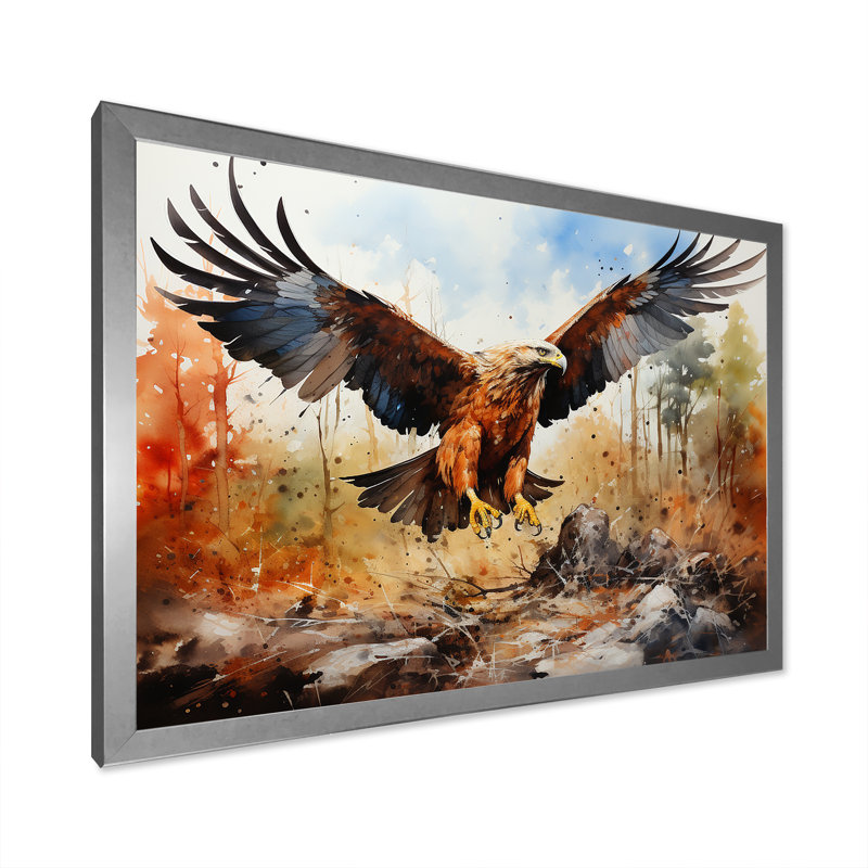 Aigle en vol chasse sur toile, Cadre simple argenté, H 30 po x l 40 po x P 1,5 po