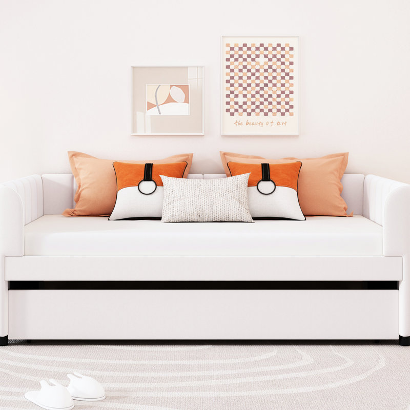 Lit de jour simple en velours beige avec housse de lit gigogne extensible et compacte pour une nuit de sommeil paisible
