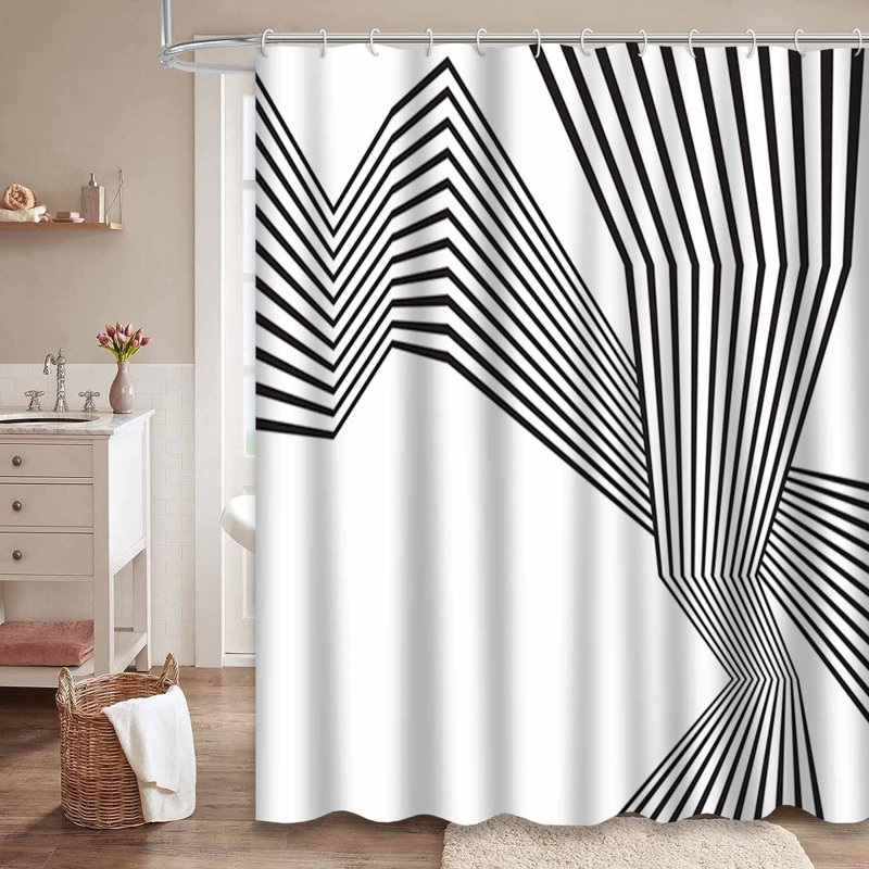 Rideau de douche blanc à rayures noires avec 12 crochets, L 72 po x l 84 po