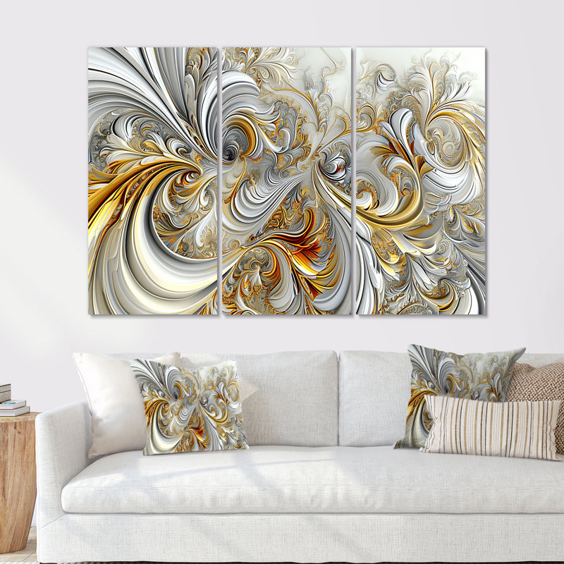 Ensemble de salon Whirling River Dynamics Gold and White I - Abstract Spirals, H 28 po x l 36 po x P 1 po, Toile tendue