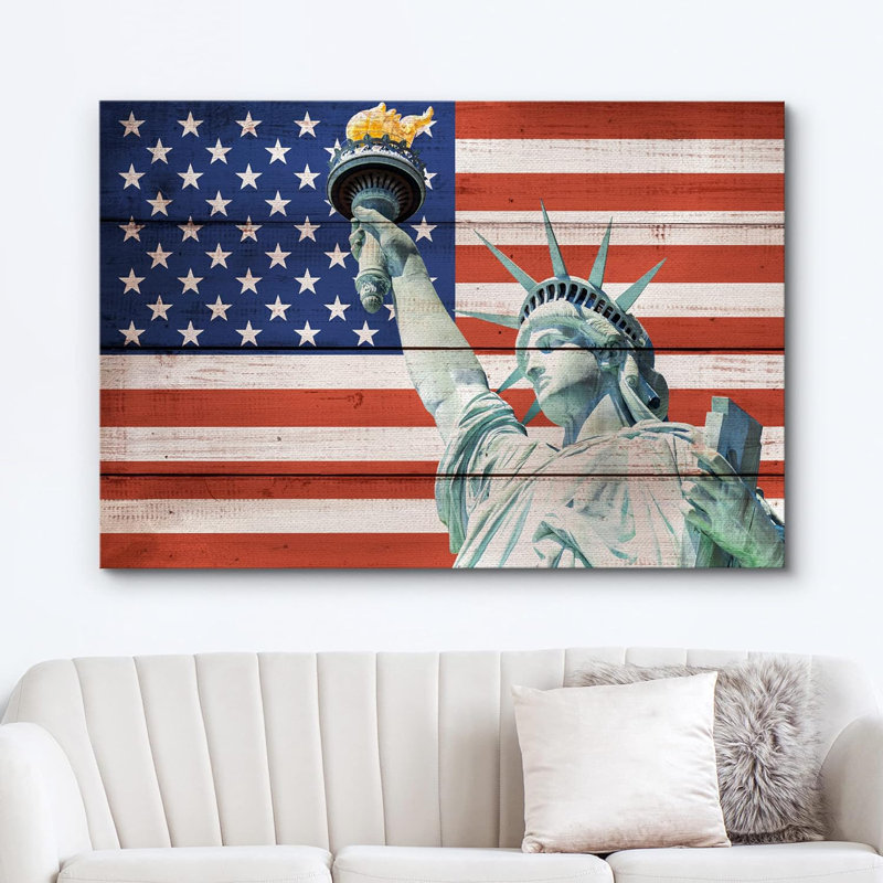 Country Flag " Wood Panel Effect Statue Of Liberty American Flag Stars ", 32" H x 48" W x 1.5" D