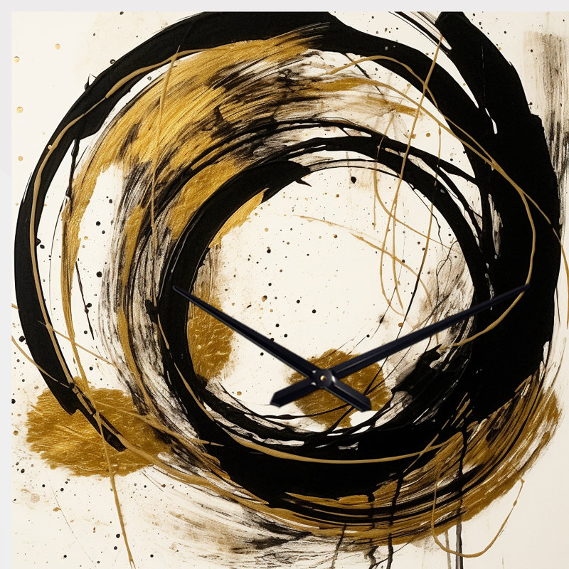 Noir et or «The Art of Chaos IV» - peinture abstraite horloge asymétrique en métal, impression d'horloge murale de forme unique noire