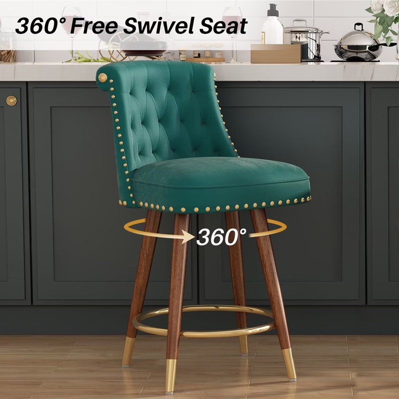 Green Velvet Upholstered Swivel Counter Stools with Wood Legs, 24" Set of 2