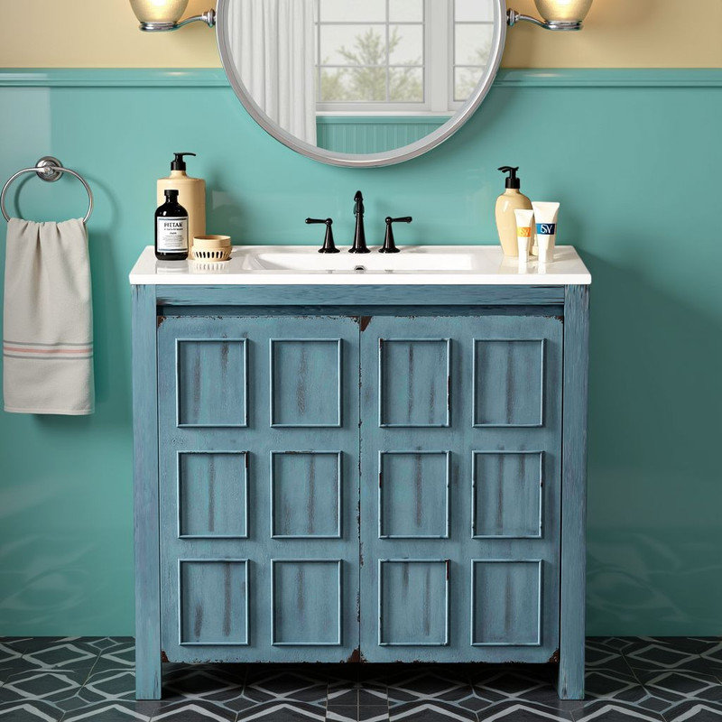 36" Rustic Bathroom Vanity – Distressed Finish, Ceramic Sink, Soft-Close?, Blue