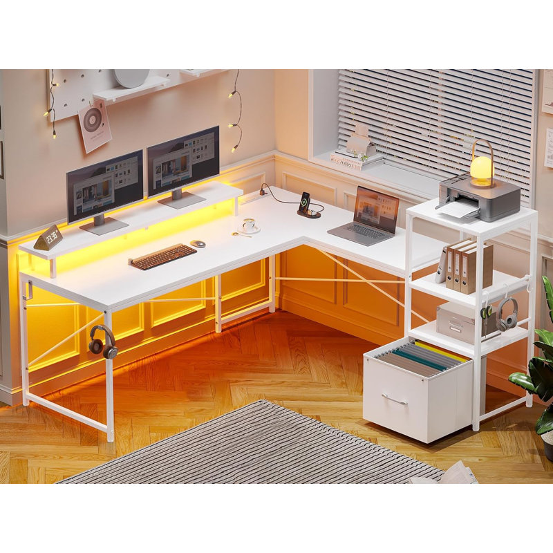 Shontae L-Shaped Computer Desk with Power Outlet, White
