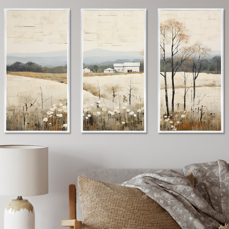 «Bold Mute Tone Countryside Landscape I», ensemble d'art sur toile, Cadre flottant blanc, H 32 po x l 48 po x P 1 po