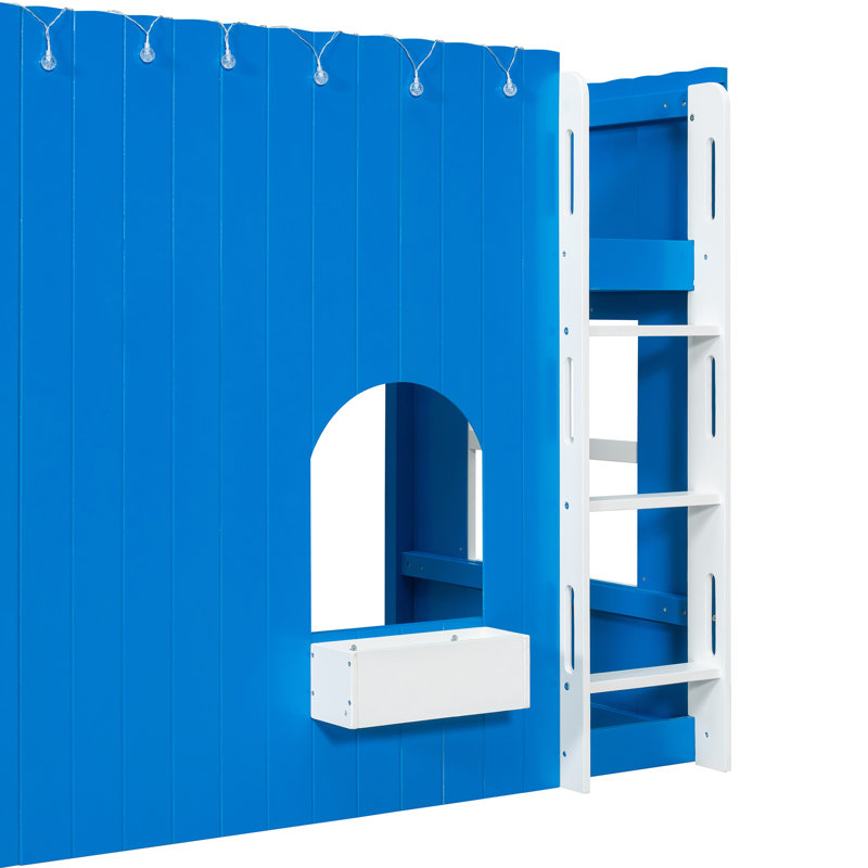 Lit mezzanine simple pour enfants avec guirlande lumineuse à DEL, bleu Klein