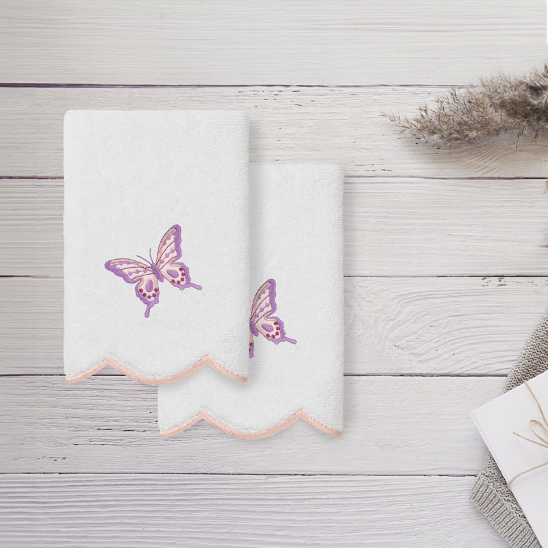 Linum Home Textiles 100% Turkish Cotton Britney Scallop 2Pc Embellished Fingertip Towel Set, White/Pink