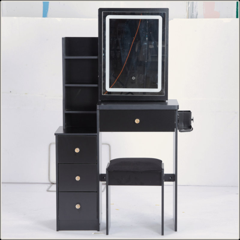 Small Size Left Bedside Cabinet Vanity Table + Cushioned Stool, 2 AC+2 USB Power Station, Hair Dryer Bracket, Extra Large Touch Control Sliding LED Mirror, Tri-Color Switching, EPA,GCC,UL Certificate