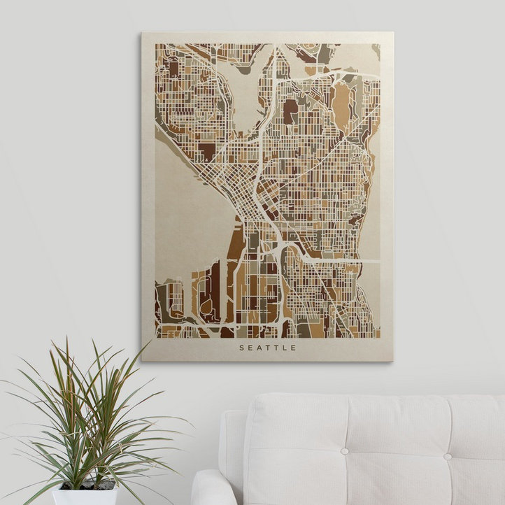 «Seattle Washington Street Map» par Bellen, impression, H 36 po x l 27 po x P 1,5 po, Toile