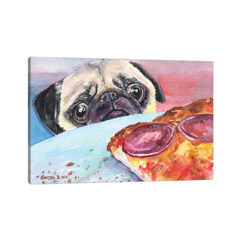 Pug And Pizza I by George Dyachenko - Wrapped Canvas Print, 20.32 cm H x 30.48 cm W
