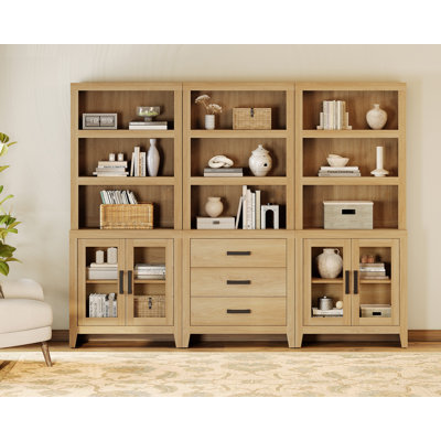 74" Tall  Bookshelf With Glass Doors And Drawers, Farmhouse Bookcase With Adjustable Shelves, Versatile Hutch Cabinet For Living Room, Home Office, Library, Brown