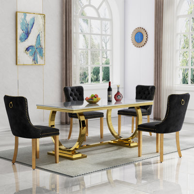 Luxury 68" Dining Table Set for, White Faux Marble Dining Table with Velvet Dining Chairs, Modern Kitchen Table and Chairs Set, Luxury Dining Table Se