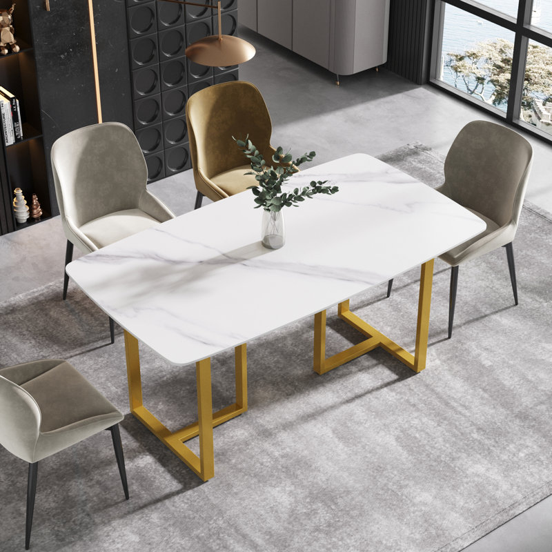 Table de salle à manger Evannie, Doré, Blanc neigeux, H 29,53 po x L 63 po x l 31,5 po