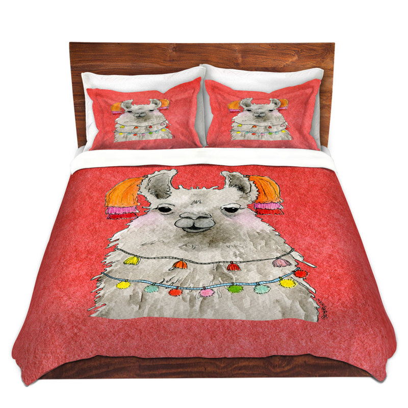 Ensemble de housse de couette des pompons llama light, 1 housse de couette grand + 2 taies standards, Rouge / rose / gris